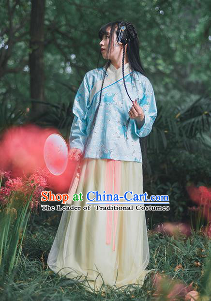 Traditional Ancient Chinese Female Costume Blouse, Elegant Hanfu Clothing Chinese Ming Dynasty Palace Lady Embroidered Oriental Cherry Blue Shirt Clothing for Women