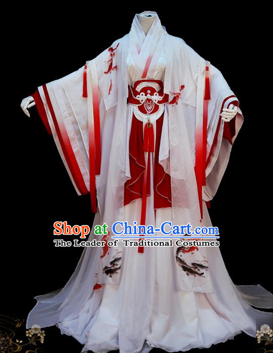 Traditional Asian Chinese Princess Costume, Elegant Hanfu Dance Wide Sleeves Dress, Chinese Imperial Princess Tailing Printing Fancy Carp Clothing, Chinese Cosplay Fairy Princess Empress Queen Cosplay Costumes for Women