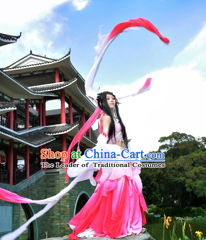 Traditional Asian Chinese Princess Costume, Elegant Hanfu Water Sleeve Lotus Dance Dress, Chinese Imperial Princess Tailing Clothing, Chinese Cosplay Fairy Princess Empress Queen Cosplay Costumes for Women