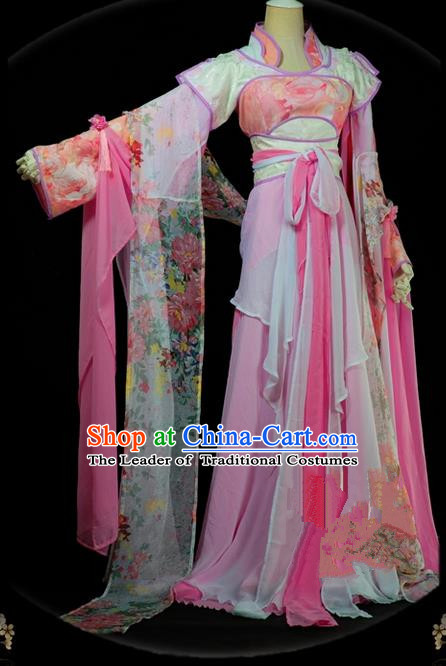 Traditional Asian Chinese Ancient Palace Princess Costume, Elegant Hanfu Pink Dress, Chinese Imperial Princess Tailing Embroidered Clothing, Chinese Cosplay Fairy Princess Empress Queen Cosplay Costumes for Women