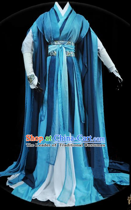 Traditional Asian Chinese Ancient Nobility Childe Costume, Elegant Hanfu Blue Dress, Chinese Imperial Prince Tailing Clothing, Chinese Cosplay Swordsman Costumes for Men