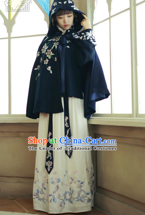 Traditional Asian Chinese Ancient Princess Woolen Navy Cloak Costume, Elegant Hanfu Mantle Clothing, Chinese Imperial Princess Embroidered Hooded Cape Costumes for Women