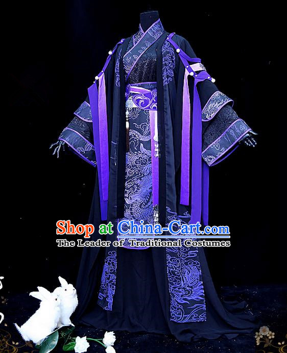 Traditional Ancient Chinese Palace King Costume, Elegant Hanfu Cosplay Emperor Dress Chinese Printing Dragon Swordsman Clothing for Men