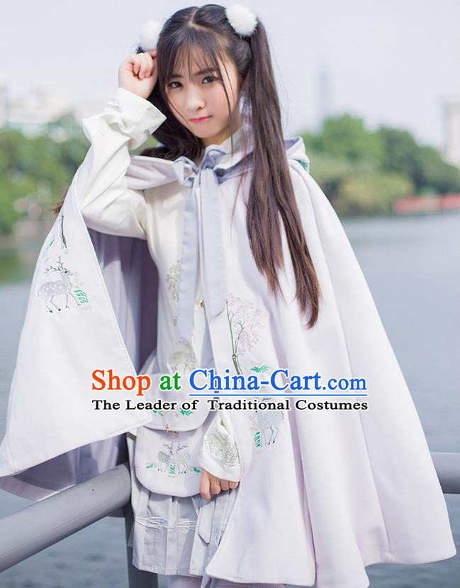 Traditional Asian Chinese Ancient Princess Woolen Pink Cloak Costume, Elegant Hanfu Mantle Clothing, Chinese Imperial Princess Embroidered Deer Hooded Cape Costumes for Women