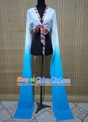 Traditional Chinese Long Sleeve Tibetan Nationality Water Sleeve Dance Suit China Folk Dance Koshibo Long White and Blue Gradient Ribbon for Women