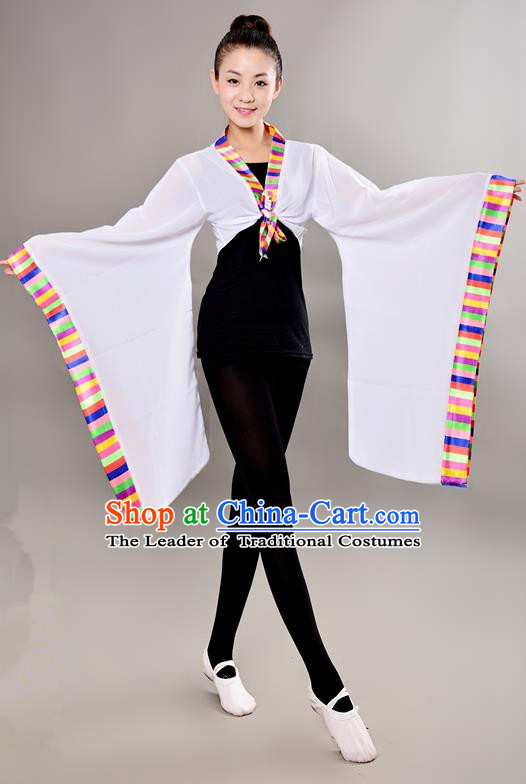 Traditional Chinese Tibetan Nationality Wide Sleeve Water Sleeve Dance Suit China Folk Dance Koshibo White Blouse for Women