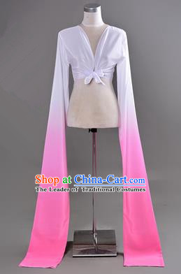 Traditional Chinese Long Sleeve Water Sleeve Dance Suit China Folk Dance Koshibo Long White and Pink Gradient Ribbon for Women