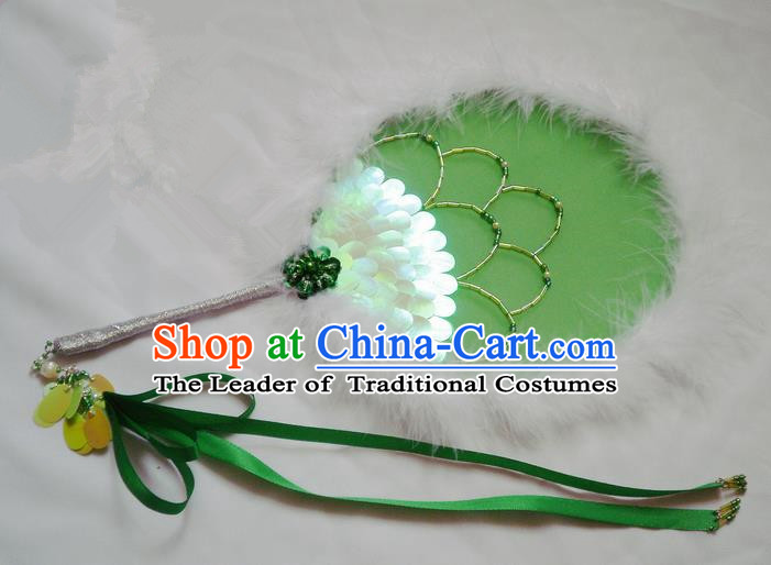 Traditional Chinese Handmade Ancient Hanfu Green Feather Round Fan Props for Women