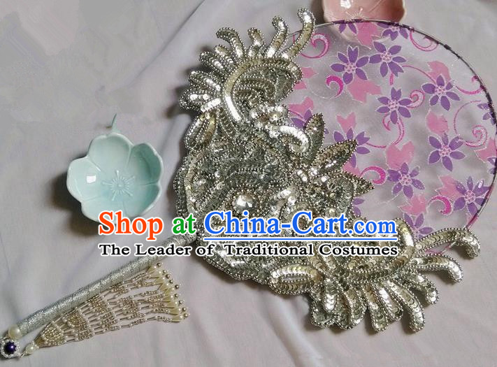 Traditional Chinese Handmade Ancient Hanfu Cosplay Crystal Round Fan Props for Women
