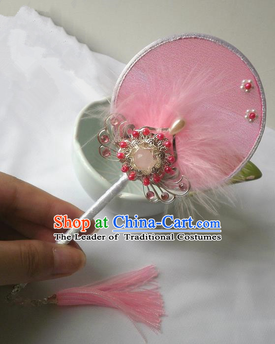 Traditional Chinese Handmade Ancient Hanfu Cosplay Pink Feather Round Fan Props for Women
