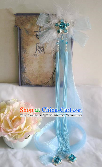 Traditional Handmade Chinese Ancient Classical Hair Accessories Barrettes Hairpin, Blue Flowers Bowknot Hair Sticks Hair Jewellery, Hair Fascinators Hairpins for Women