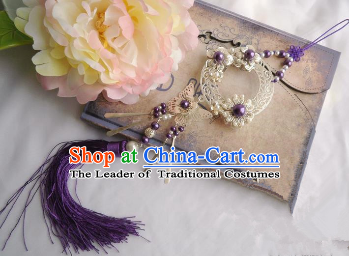 Traditional Chinese Handmade Ancient Hanfu Violet Butterfly Waist Jewelry Jade Wearing Agate Chinese Knot Pendant Sword Tassel for Women
