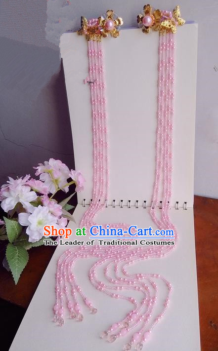 Traditional Handmade Chinese Ancient Classical Pink Hair Accessories, Long Tassels Hair Sticks Tassel Hair Jewellery, Hair Fascinators Hairpins for Women