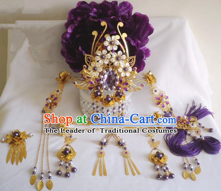 Traditional Handmade Chinese Ancient Classical Purple Hair Accessories Earrings and Necklace Complete Set, Hair Crown Flowers Hair Jewellery, Hair Fascinators Hairpins for Women