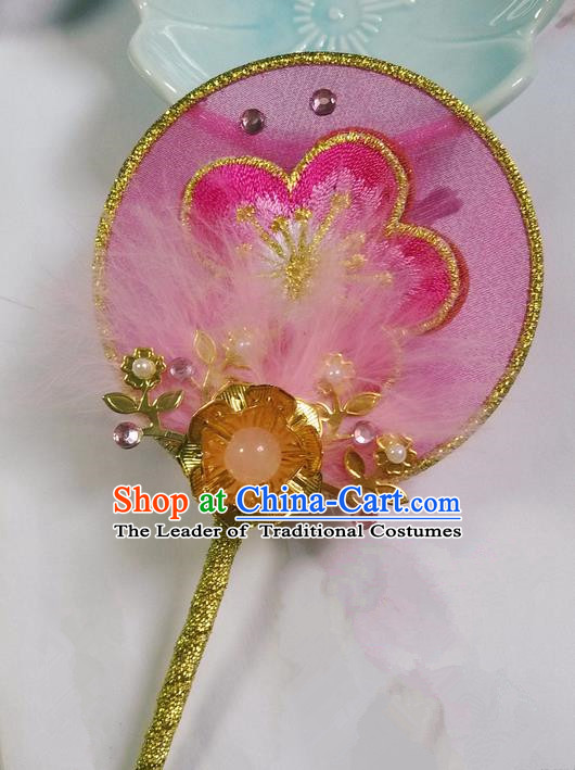 Traditional Chinese Handmade Ancient Hanfu Cosplay Round Embroidered Pink Peach Blossom Little Fan Props