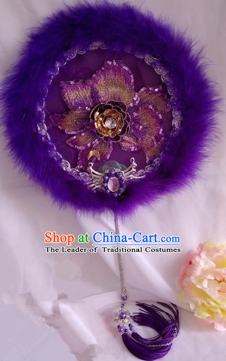 Traditional Chinese Handmade Ancient Hanfu Cosplay Round Embroidered Purple Fan Props for Women