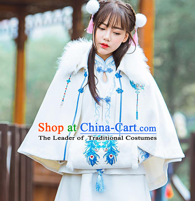 Traditional Ancient Chinese Female Costume Woolen Blue and White Porcelain Cardigan, Elegant Hanfu Short Cloak Chinese Ming Dynasty Palace Lady Embroidered Hooded Cape Clothing for Women