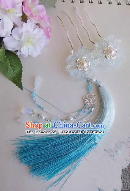 Traditional Handmade Chinese Ancient Princess Classical Accessories Jewellery Pure Copper Coloured Glaze Hair Sticks Hair Claws, Blue Tassels Hair Fascinators Hairpins for Women