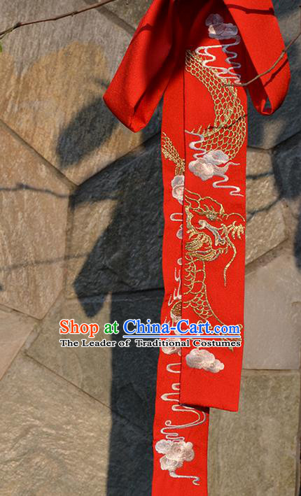 Traditional Ancient Chinese Embroidered Hanfu Hair Snood Embroidered Dragon Red Silk Bandeau for Women