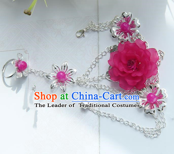 Traditional Handmade Chinese Ancient Princess Classical Accessories Jewellery Rose Flowers Bracelets Chain Bracelet with Ring for Women