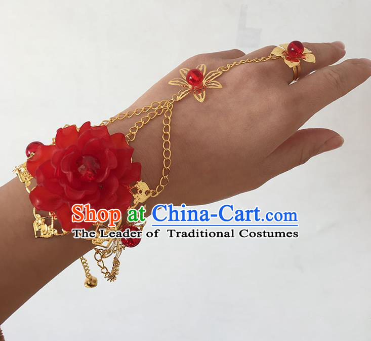 Traditional Handmade Chinese Ancient Princess Classical Accessories Jewellery Red Flowers Bracelets Chain Bracelet with Ring for Women