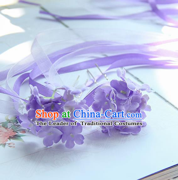 Traditional Handmade Chinese Ancient Princess Classical Accessories Jewellery Hair Sticks Long Ribbon Purple Hair Claws, Hair Fascinators Hairpins for Women