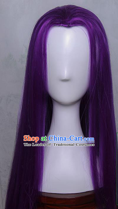 Traditional Handmade Ancient Chinese Tang Dynasty Imperial Princess Wig, Ancient Chinese Cosplay Fairy Palace Young Lady Straight Purple Hair Wig for Women