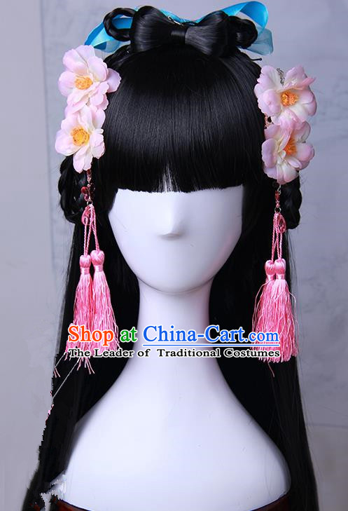Traditional Handmade Ancient Chinese Han Dynasty Imperial Princess Pink Tassels Hair Decoration and Wig Complete Set, Ancient Chinese Hanfu Cosplay Fairy Young Lady Headwear and Wig for Women