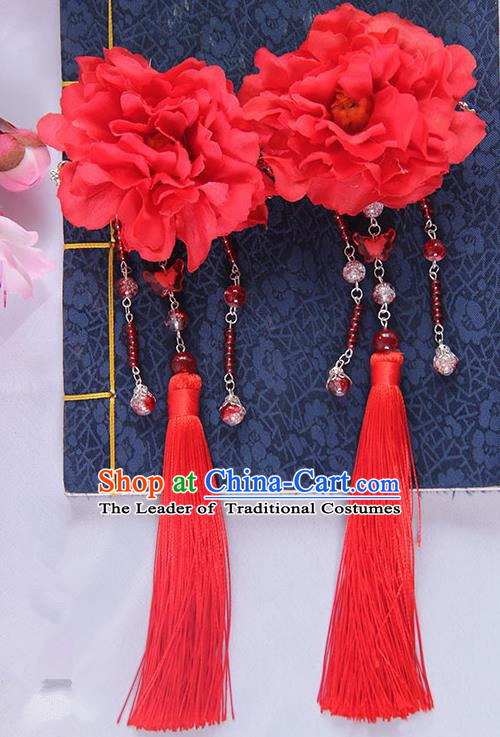 Traditional Handmade Chinese Ancient Princess Classical Hanfu Accessories Jewellery Red Silk Flowers Hair Sticks Hair Claws, Tassel Hair Fascinators Hairpins for Women