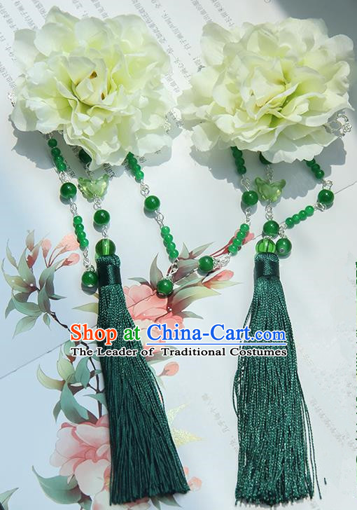 Traditional Handmade Chinese Ancient Princess Classical Hanfu Accessories Jewellery Green Silk Flowers Hair Sticks Hair Claws, Tassel Hair Fascinators Hairpins for Women