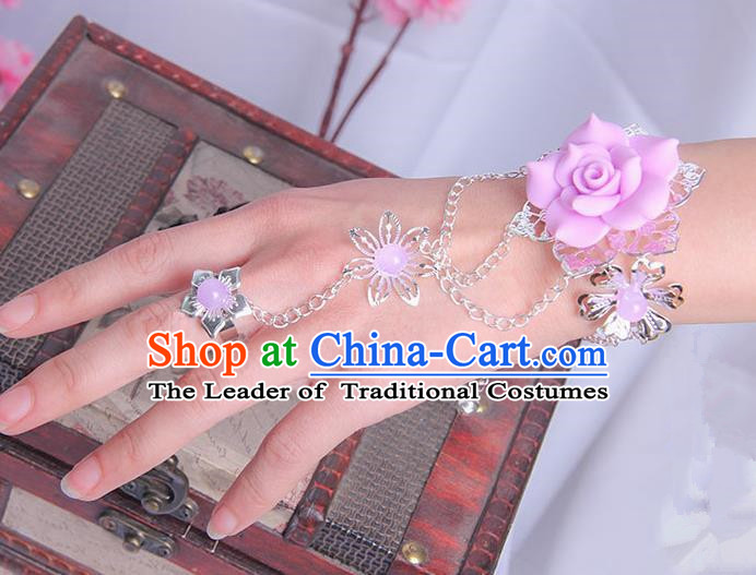 Traditional Handmade Chinese Ancient Princess Classical Hanfu Accessories Jewellery Pink Flower Bracelet and Ring Chain for Women