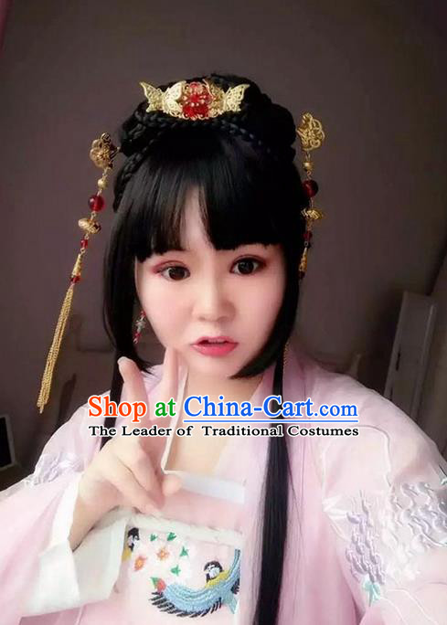 Traditional Handmade Ancient Chinese Han Dynasty Imperial Princess Butterfly Hair Decoration and Wig Complete Set, Ancient Chinese Hanfu Cosplay Fairy Young Lady Headwear and Wig for Women