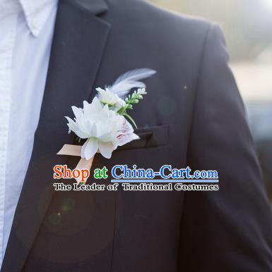 Top Grade Classical Wedding Silk Flowers,Groom Emulational Corsage Groomsman Pink Feather Brooch Flowers for Men