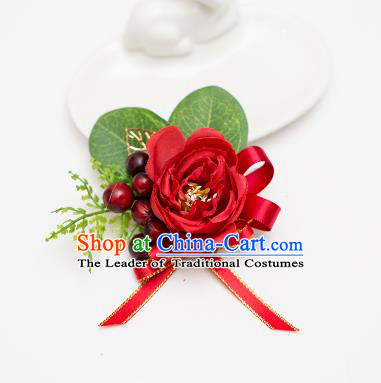 Top Grade Classical Wedding Silk Flowers, Bride Emulational Wrist Flowers Bridesmaid Bracelet Red Flowers for Women