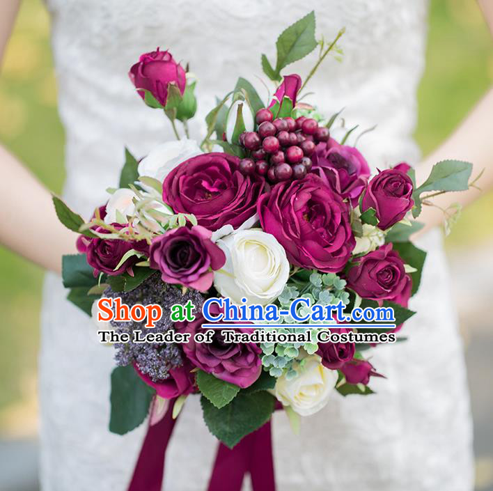 Top Grade Classical Wedding Silk Flowers, Bride Holding Emulational Dark Red Flowers, Hand Tied Bouquet Flowers for Women