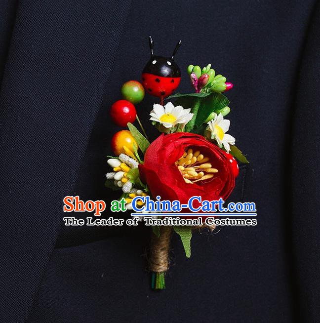 Top Grade Classical Wedding Silk Flowers,Groom Emulational Corsage Groomsman Ladybird Brooch Flowers for Men