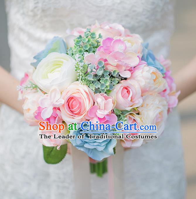 Top Grade Classical Wedding Silk Flowers, Bride Holding Emulational Pink Blue Flowers, Hand Tied Bouquet Flowers for Women