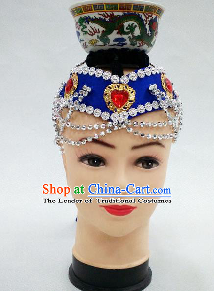 Traditional Chinese Mongol Nationality Dancing Accessories Headdress, Mongolian Folk Dance Ethnic Headwear Top Bowl Dance Blue Hat for Women