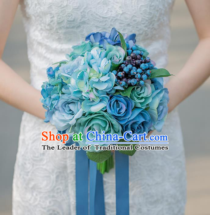 Top Grade Classical Wedding Silk Flowers Powderblue Flowers Ball, Bride Holding Emulational Flowers, Hand Tied Bouquet Flowers for Women