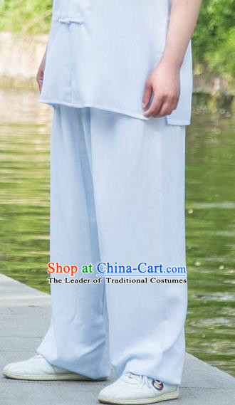 Traditional Chinese Top Linen Kung Fu Costume Martial Arts Kung Fu Training Light Blue Pants, Tang Suit Gongfu Shaolin Wushu Clothing Tai Chi Taiji Teacher Trousers for Men