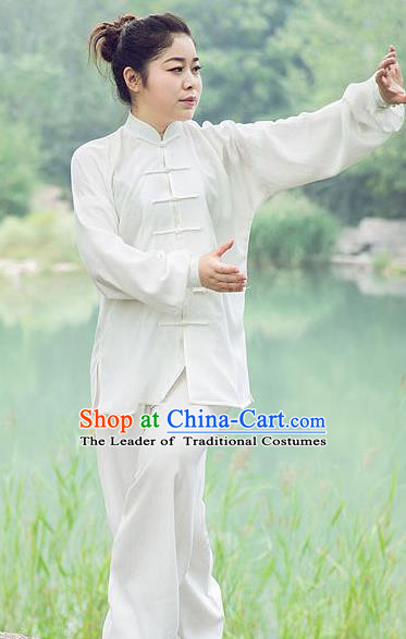 Traditional Chinese Top Silk Cotton Kung Fu Costume Martial Arts Kung Fu Training Plated Buttons White Uniform, Tang Suit Gongfu Shaolin Wushu Clothing, Tai Chi Taiji Teacher Suits Uniforms for Women
