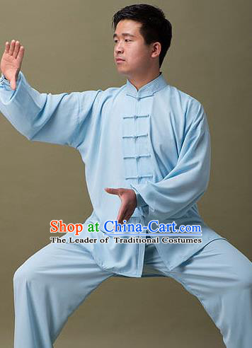 Traditional Chinese Top Silk Cotton Kung Fu Costume Martial Arts Kung Fu Training Plated Buttons Blue Uniform, Tang Suit Gongfu Shaolin Wushu Clothing, Tai Chi Taiji Teacher Suits Uniforms for Men