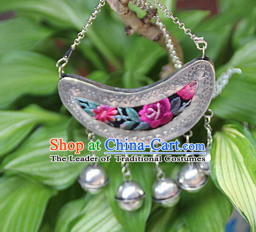 Traditional Chinese Miao Nationality Crafts, Hmong Handmade Silver Embroidery Bell Pendant, Black Rope Necklace Pendant for Women