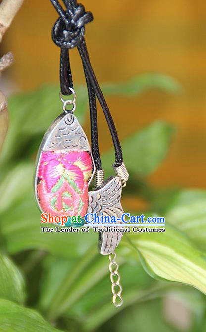 Traditional Chinese Miao Nationality Crafts, Hmong Handmade Miao Silver Embroidery Pink Pendant, Miao Ethnic Minority Necklace Fish Accessories Pendant for Women