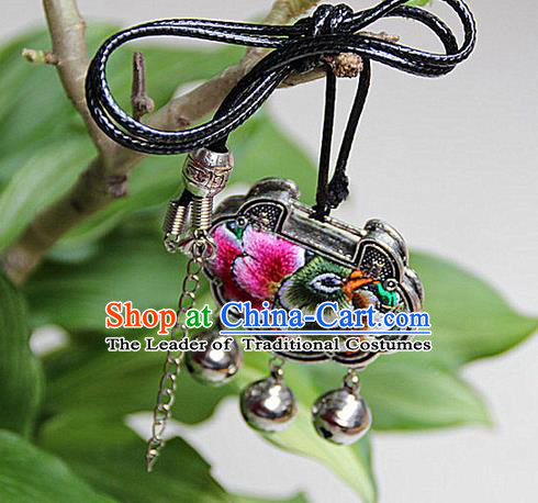 Traditional Chinese Miao Nationality Crafts, Hmong Handmade Miao Silver Embroidery Long Life Lock Bells Tassel Pendant, Miao Ethnic Minority Necklace Accessories Bells Pendant for Women