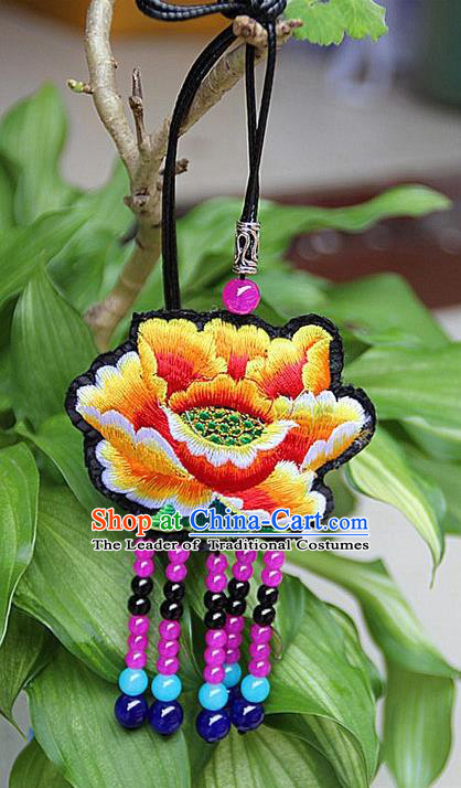 Traditional Chinese Miao Nationality Crafts, Hmong Handmade Double Side Yellow Embroidery Tassel Pendant, Miao Ethnic Minority Necklace Accessories Sweater Chain Pendant for Women