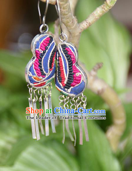 Traditional Chinese Miao Nationality Crafts, Hmong Handmade Embroidery Miao Silver Tassel Earrings, Miao Ethnic Minority Eardrop Accessories Ear Pendant for Women