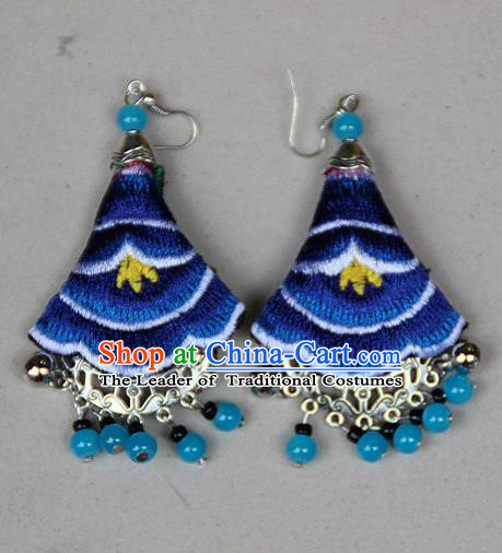 Traditional Chinese Miao Nationality Crafts Jewelry Accessory, Hmong Handmade Embroidery Beads Blue Earrings, Miao Ethnic Minority Eardrop Accessories Ear Pendant for Women