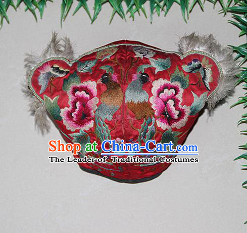 Traditional Chinese Miao Nationality Crafts Hmong Handmade Children Embroidery Flowers Phoenix Red Tiger Headwear, Miao Ethnic Minority Exorcise Evil Tiger Hat for Kids