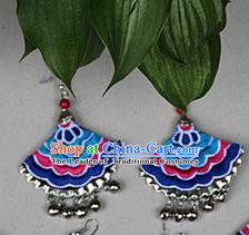Traditional Chinese Miao Nationality Crafts Jewelry Accessory, Hmong Handmade Embroidery Bells Tassel Earrings, Miao Ethnic Minority Eardrop Accessories Ear Pendant for Women